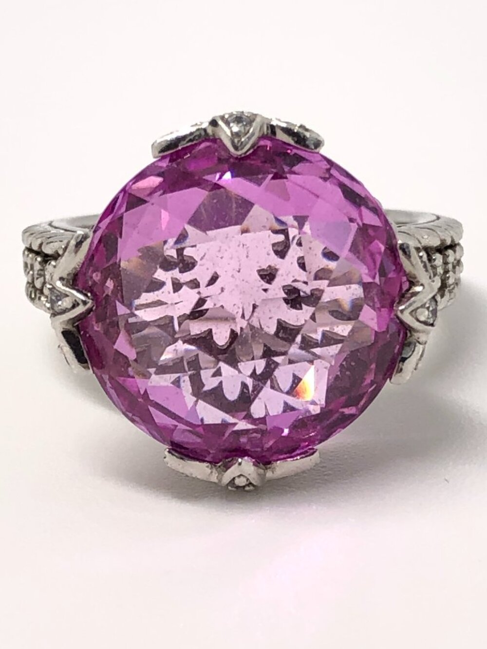Judith RIPKA Sterling Silver Pink Topaz Diamonique Faceted CZ Cocktail Ring